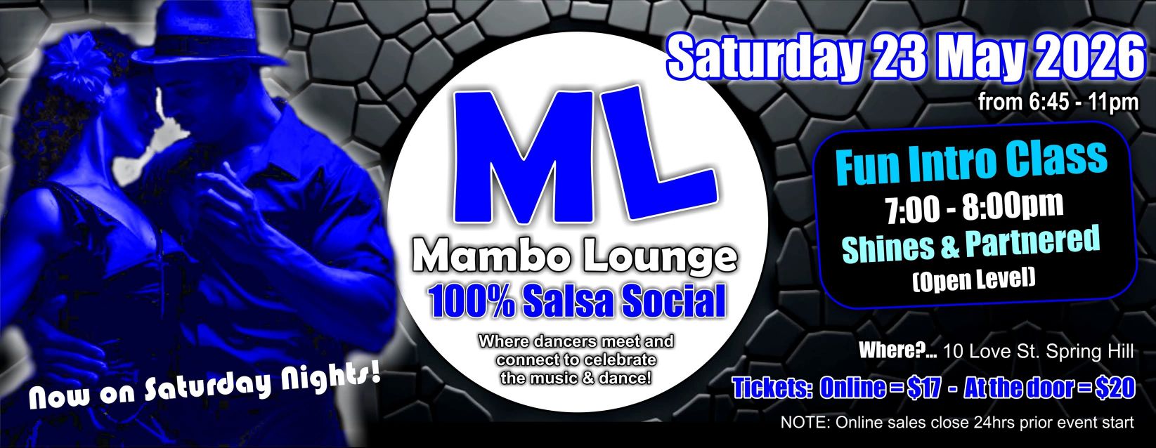100% Salsa Social & DANCE CLASS! - Saturday 23 May - Mambo Lounge