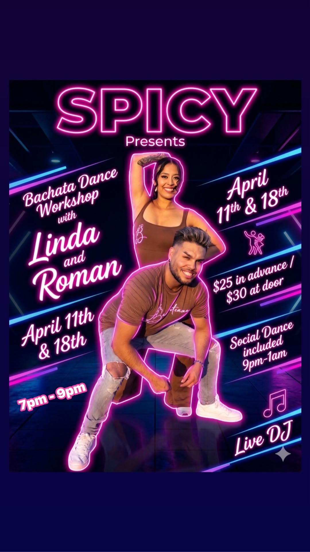 BACHATA DANCE WORKSHOPS With LINDA & ROMÁN April 11th & 18th Social Dance include
