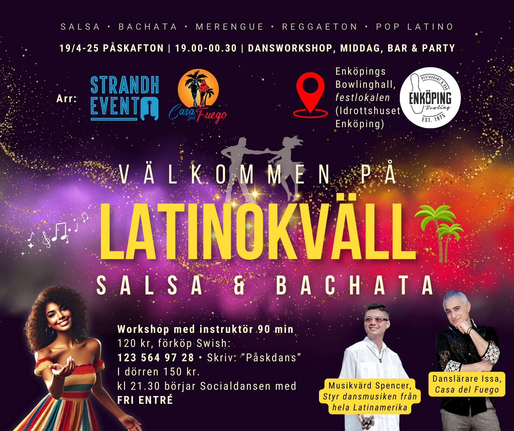 Latinokväll i Enköping 🌴 Workshop Salsa-Bachata 💃🏾 Socialdans & Party 🪩