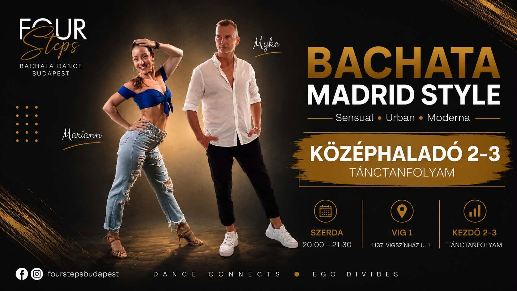 BACHATA KÖZÉPHALADÓ 2-3 TÁNCTANFOLYAM, MINDEN SZERDÁN 20:00-21:30 (1137. Vígszínház u. 1.)