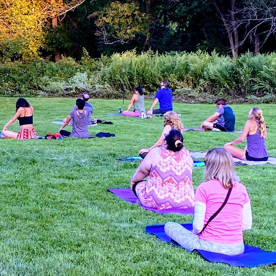 Sunset Yoga at the Farm with Two Peacocks & a big red barn