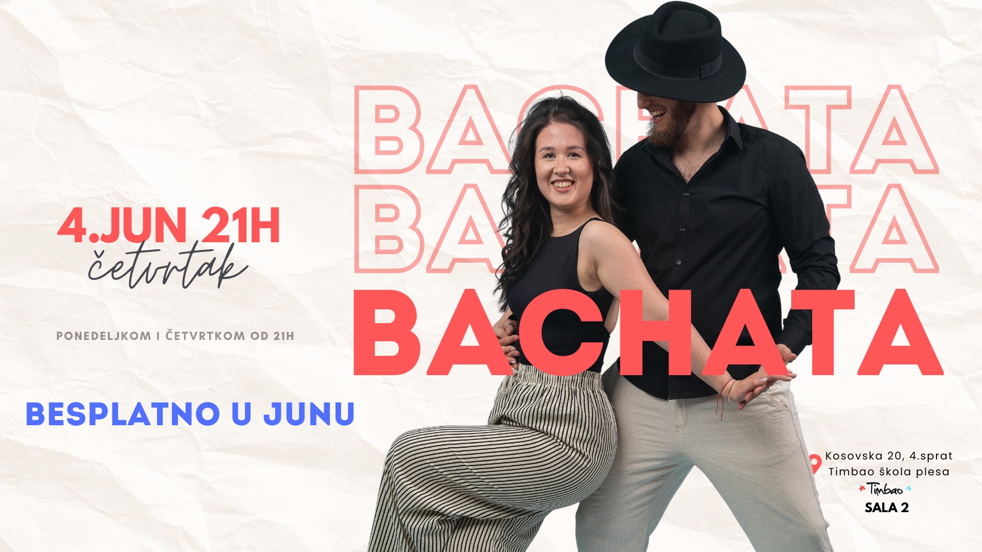 Bachata početna grupa Četvrtak 4.jun 21h Besplatno u junu Timbao