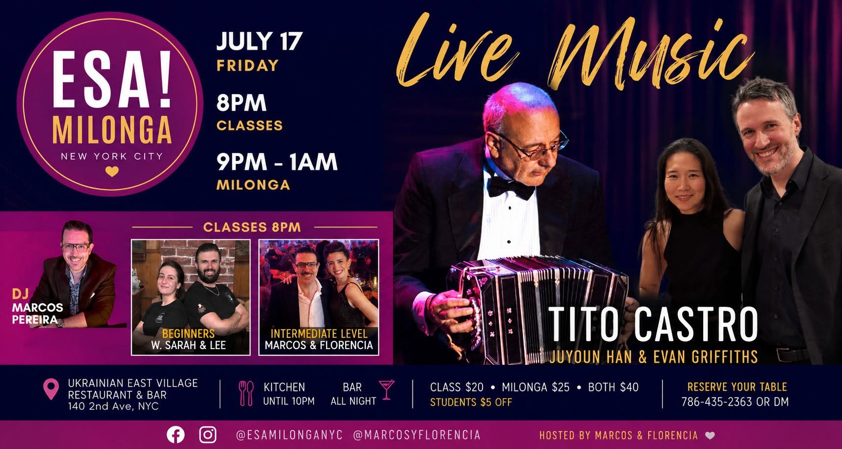 ESA! MILONGA NYC β’ Live Music w. Tito Castro + Juyoun & Evan