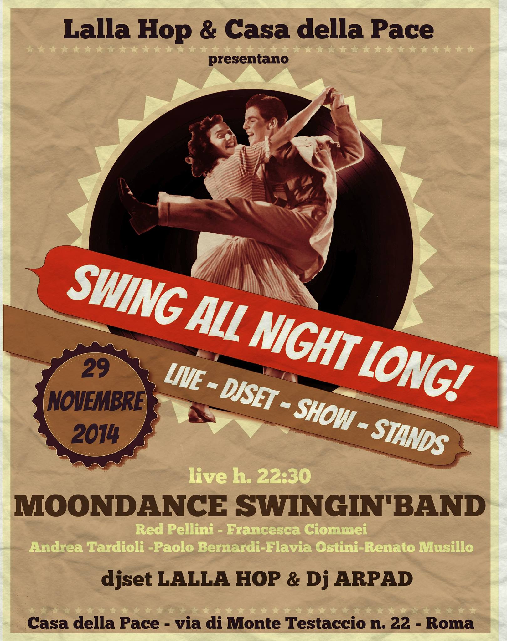 Swing All Night Long! @ Casa della Pace - 29 novembre - in concerto MOONDANCE SWINGIN'BAND