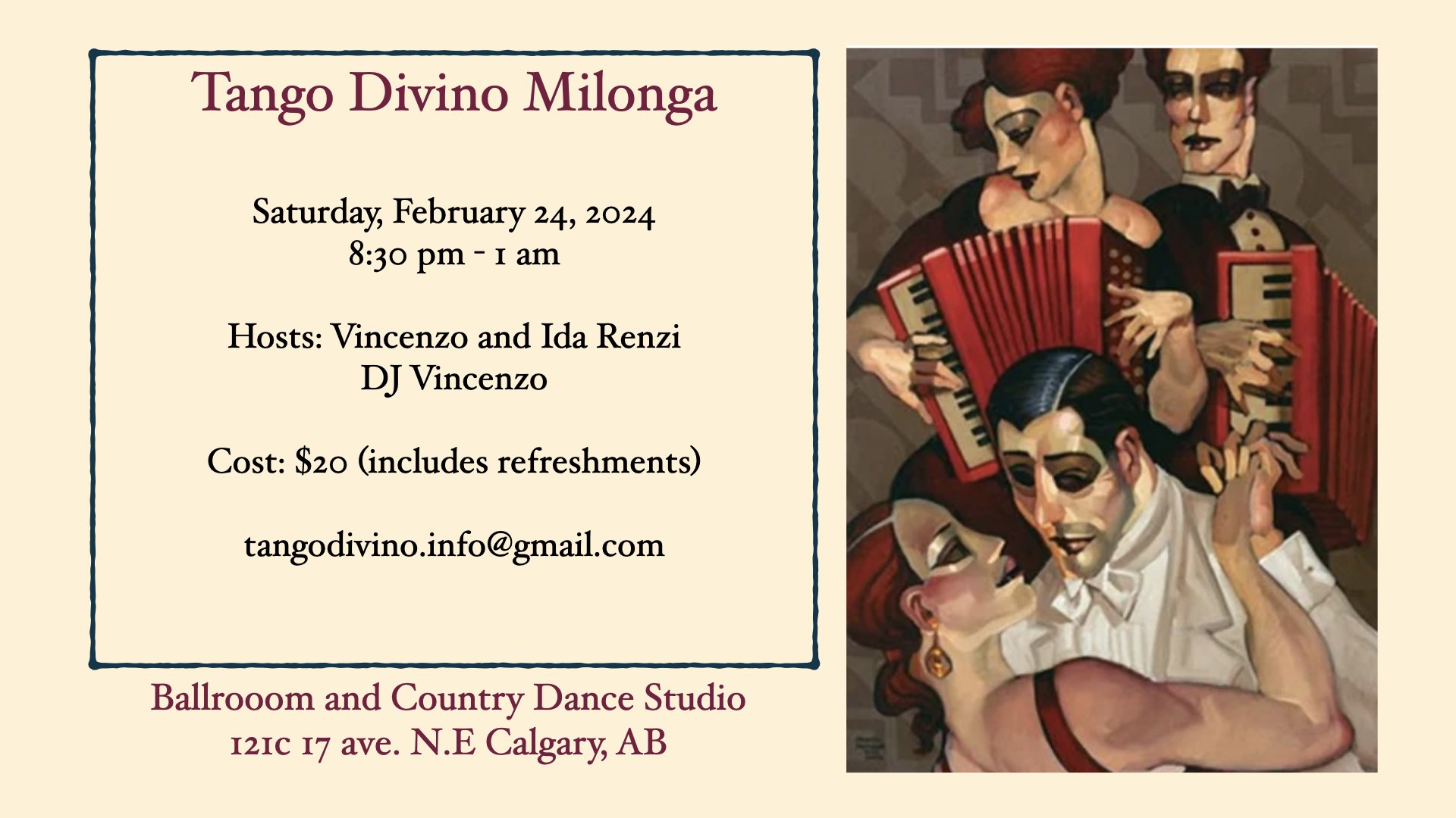 Tango Divino Calgary Milonga and Sunday Workshop