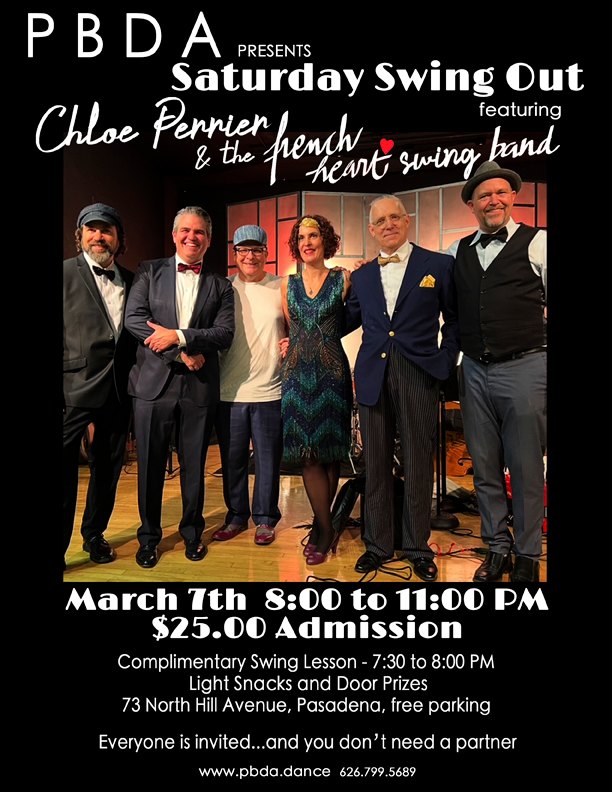 THIS SATURDAY NIGHT, MARCH 7th, it's Chloe Perrier & the French Heart Swing Band at PBDA! Join us!