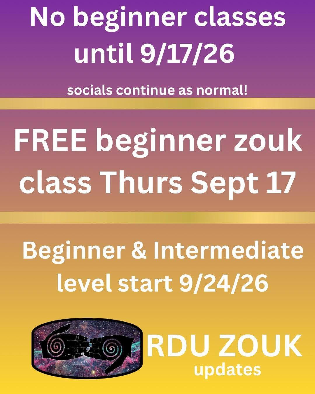 Socials continue 9-11pm, FREE Zouk Class Thrus Sept 17!