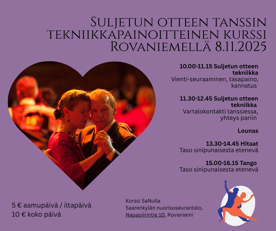 Suljetun otteen tanssin tekniikkapainoitteinen kurssi Rovaniemellä 8.11.2025