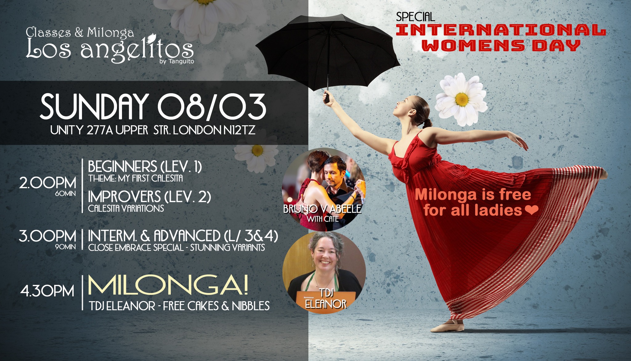 Special Intl Women's Day Milonga: MILONGA FREE for ladies & TDJ Eleanor + Close Embrace Workshop!