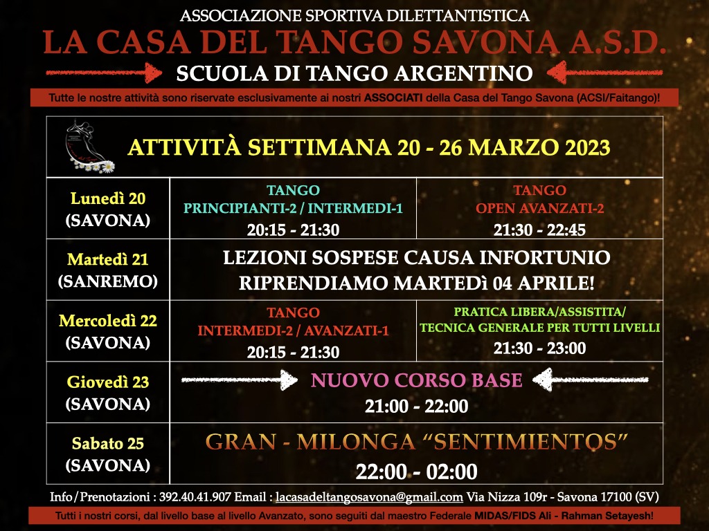 Attività settimana 20 - 26 Marzo 2023 alla CASA DEL TANGO SAVONA ASD!