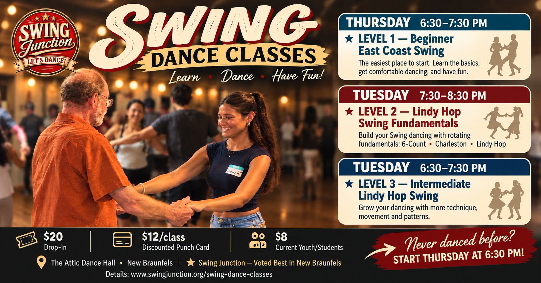 Tuesday Lindy Hop Swing Classes โข Thursday Beginner Swing โข New Braunfels
