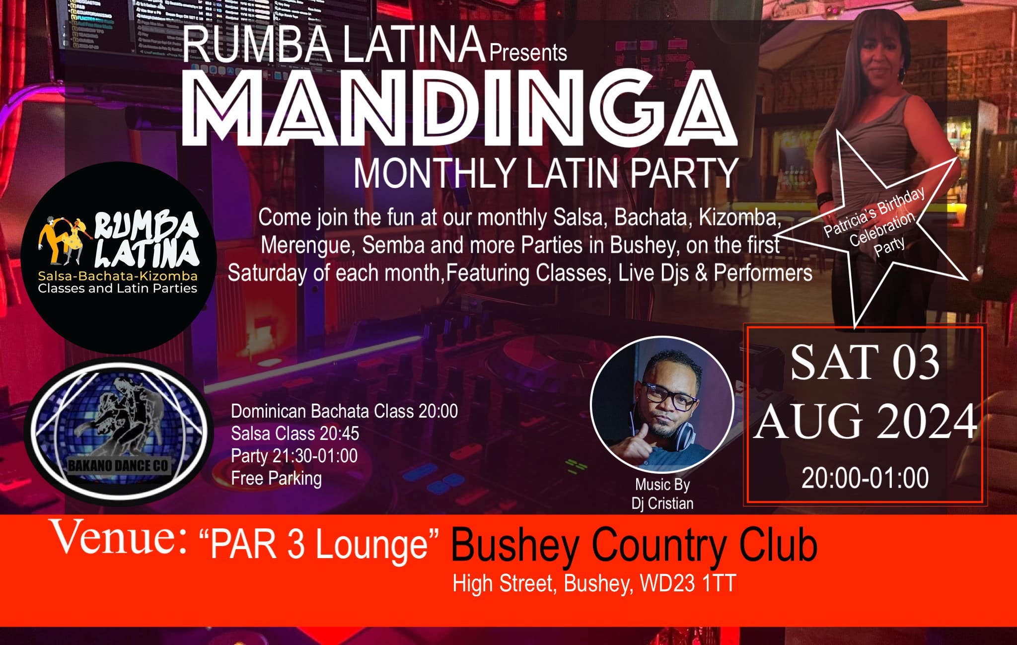 MANDINGA "AfroLatin Party Bushey" Ft Patricia's Birthday Celebration, Sat 3rd Aug 2024