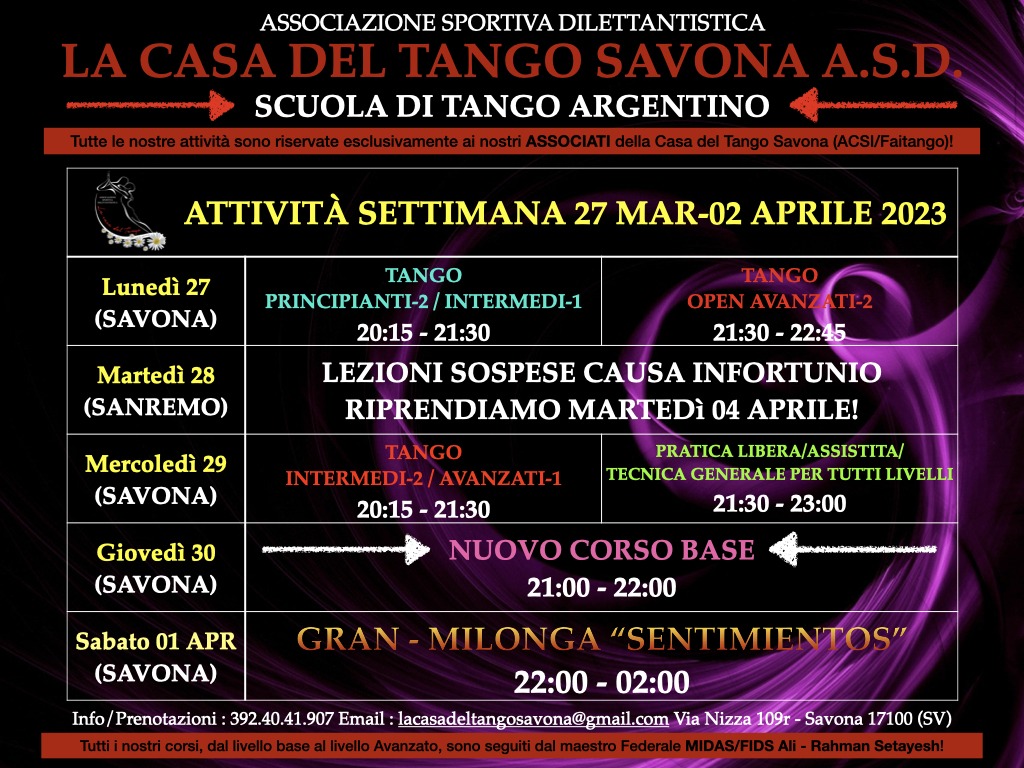 Attività settimana 27 Marzo-02 Aprile 2023 alla CASA DEL TANGO SAVONA ASD!