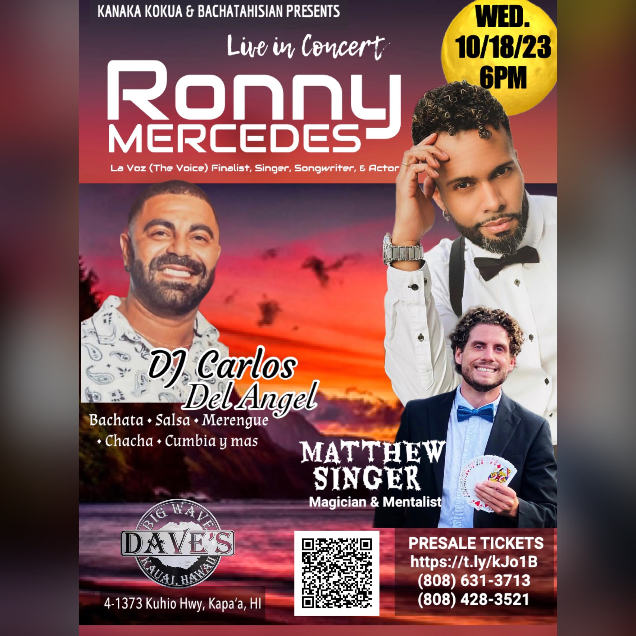 KAUAI HOT LATIN NIGHT w Ronny Mercedes, Matthew Singer, & DJ Carlos Del Angel