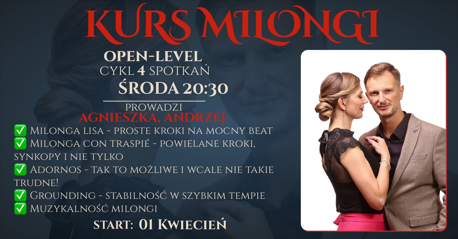 Kurs Milongi Cykl 4 zajęć w środy ( od 1 kwietnia )