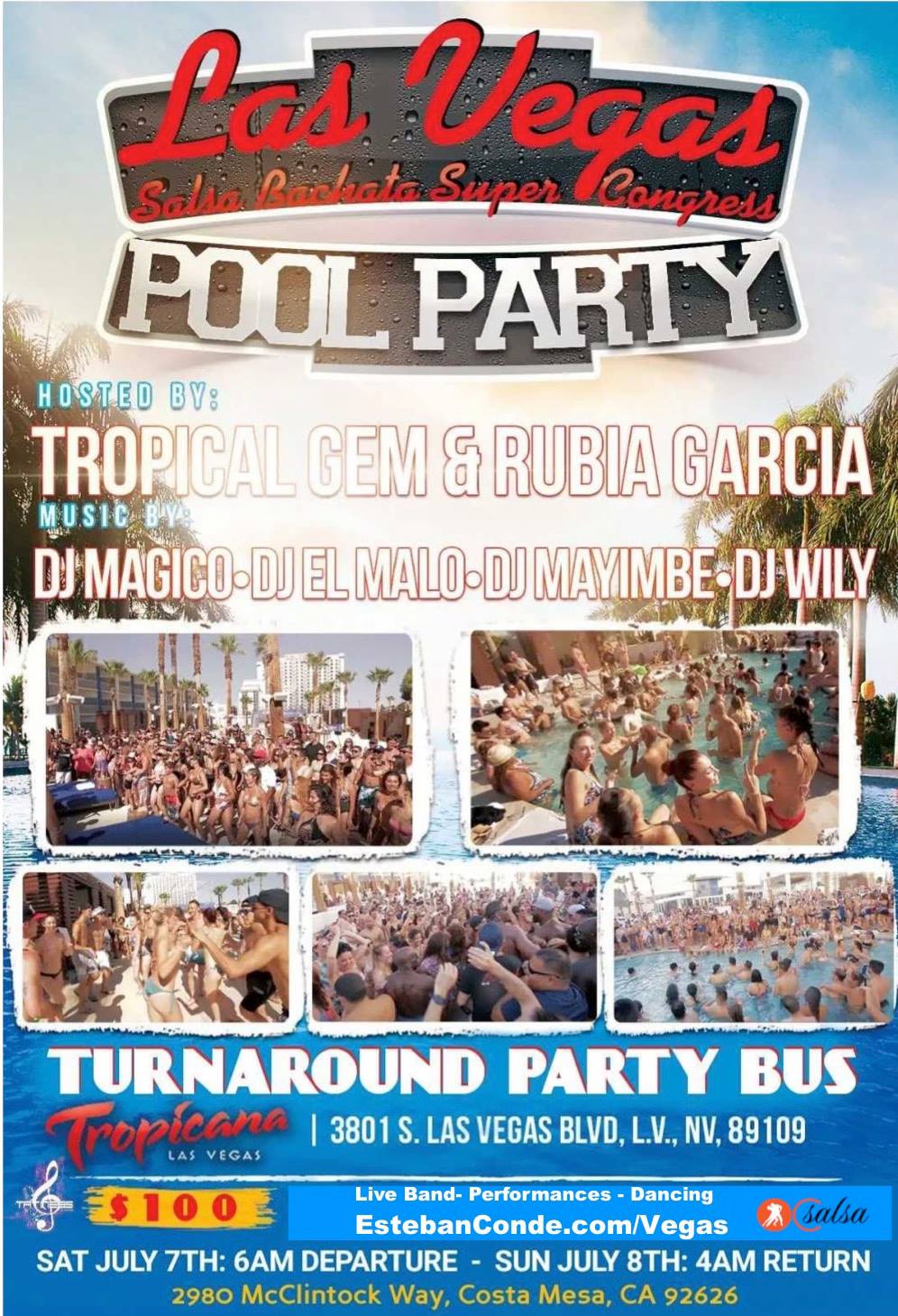 Las Vegas Salsa Party Bus, Pool Party, Live Bands, Shows $100