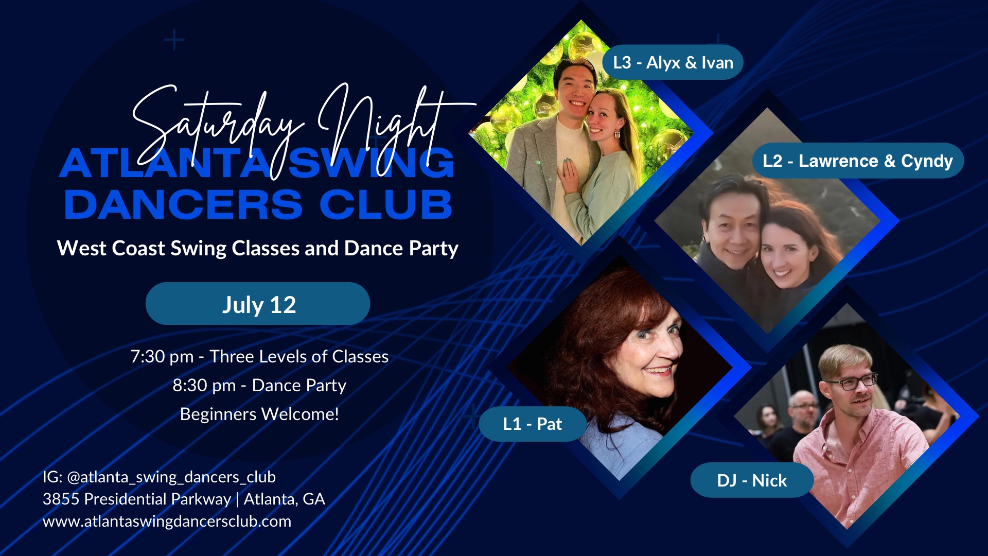 ASDC West Coast Swing Classes and Dance Party Saturday July 12