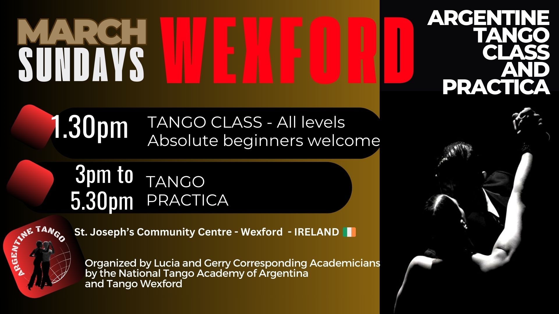 Argentine Tango class and Social Tango dance - Sundays in Wexford -