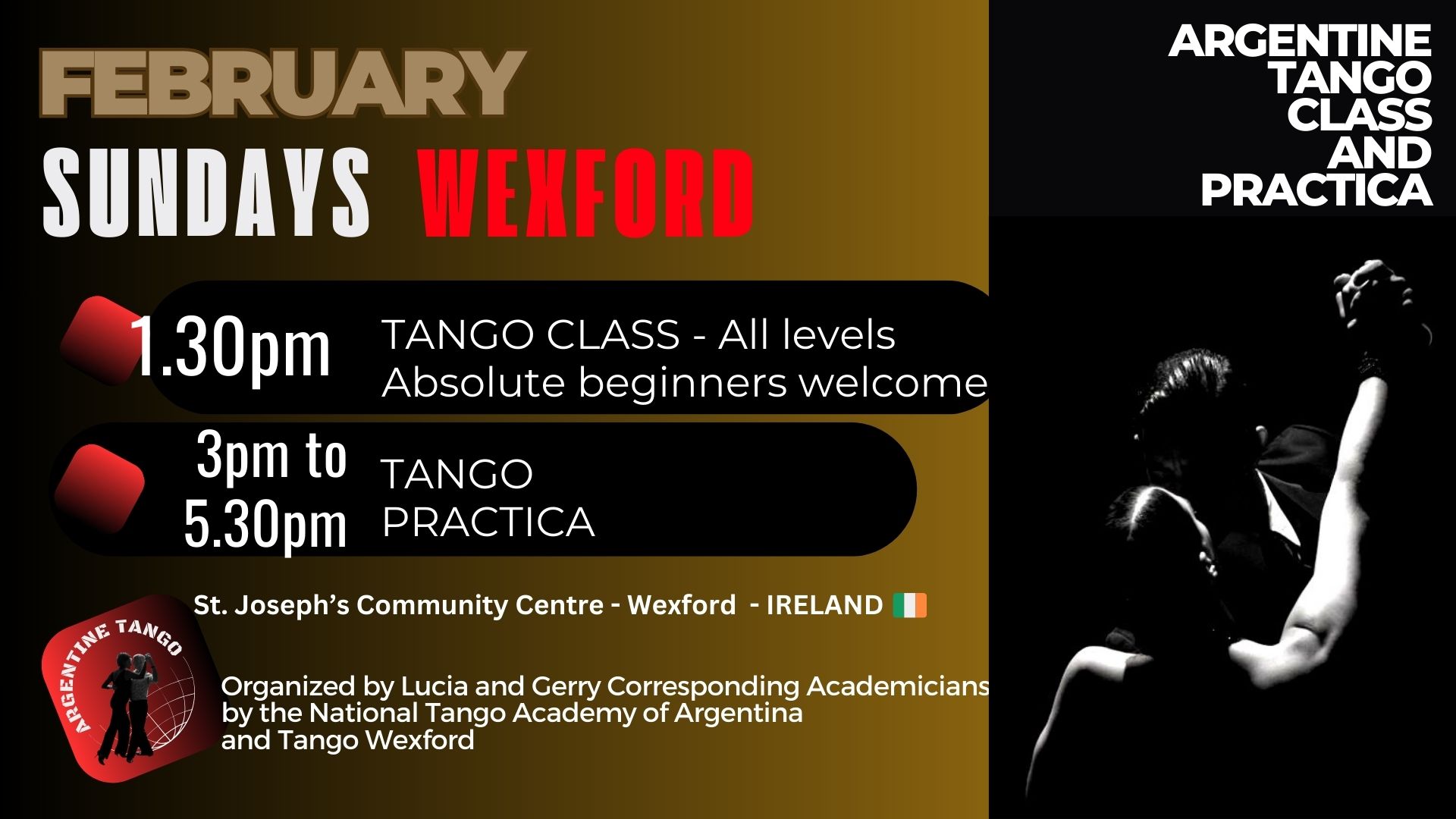 Argentine Tango class and Social Tango dance - Sundays in Wexford -