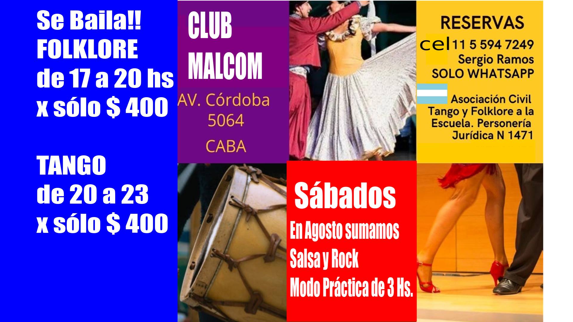 Clases de Folklore y Tango+Práctica! Sumamos SALSA modo Práctica para Agosto!!