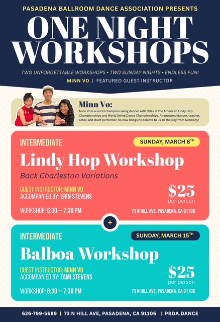 Minn Vo- TWO "One Night Interm. Workshops" in Lindy & Balboa- SUNDAYS (MARCH 8th & 15th) at PBDA!