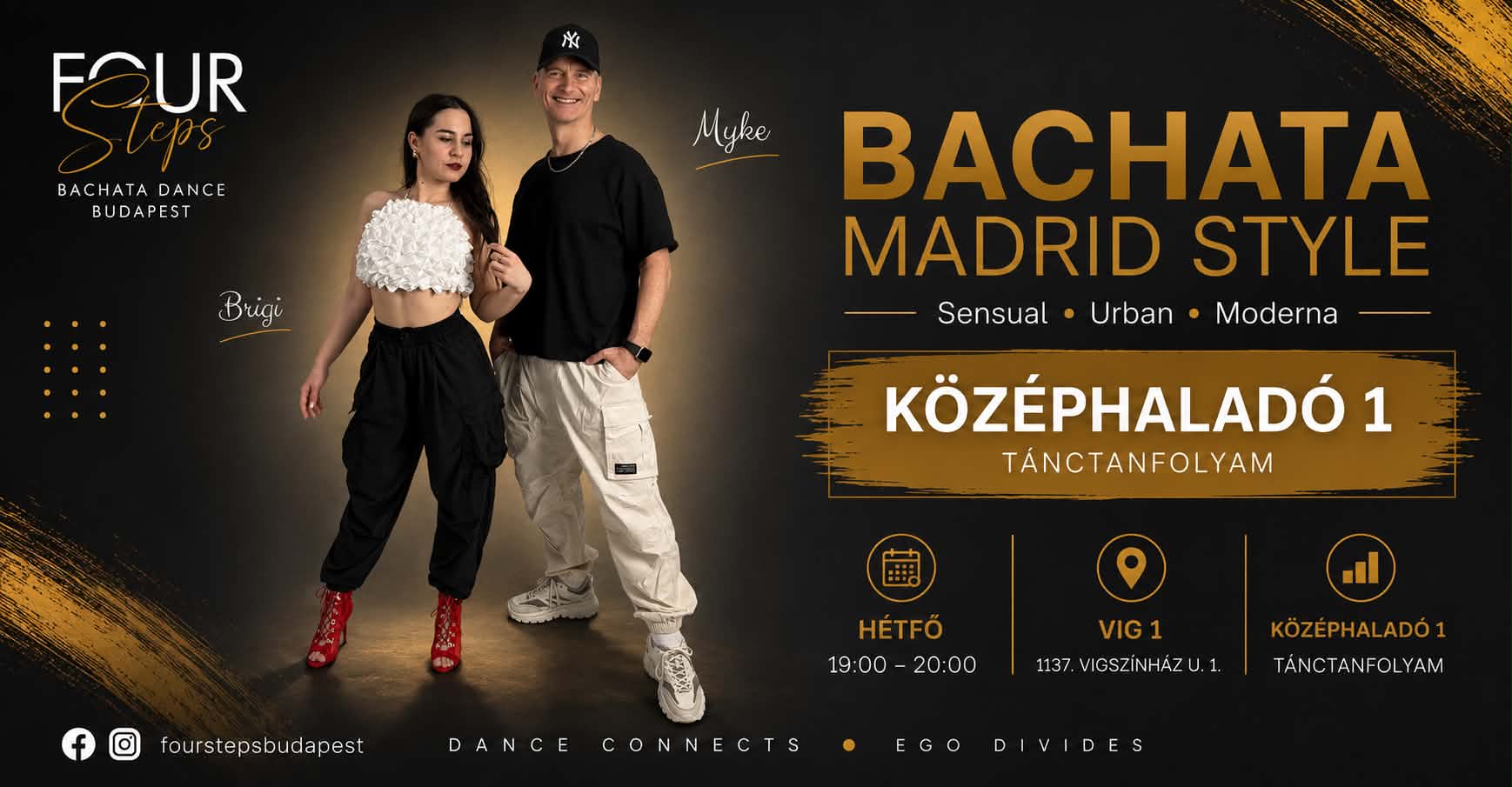 BACHATA KÖZÉPHALADÓ 1 TÁNCTANFOLYAM, MINDEN HÉTFŐN 19:00-20:00 (1137 Vígszínház u. 1)