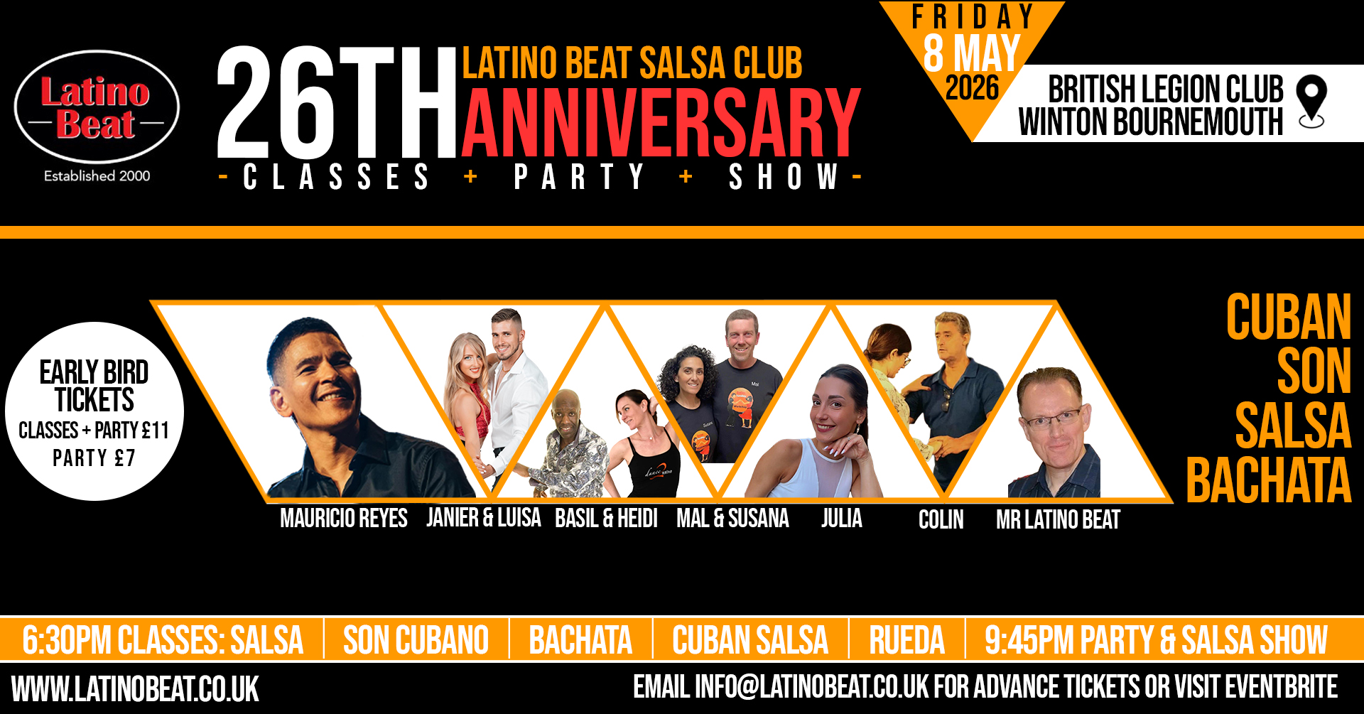FRI 8 MAY - LATINO BEAT 26TH ANNIVERSARY - BOURNEMOUTH - Tickets on door £15 £10