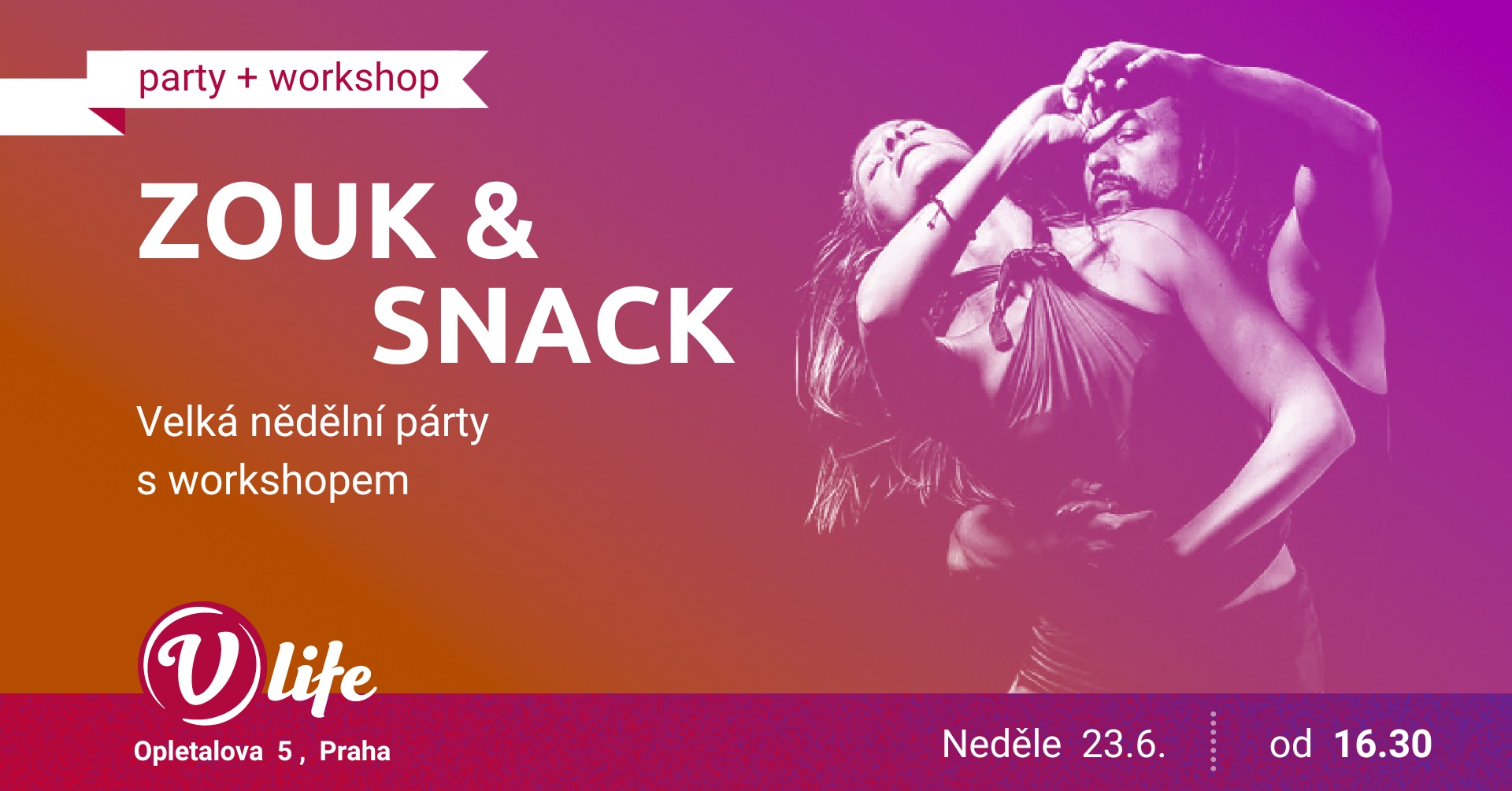 Zouk & Snack nedělní párty s open level mini workshopem a vedenou tančírnou