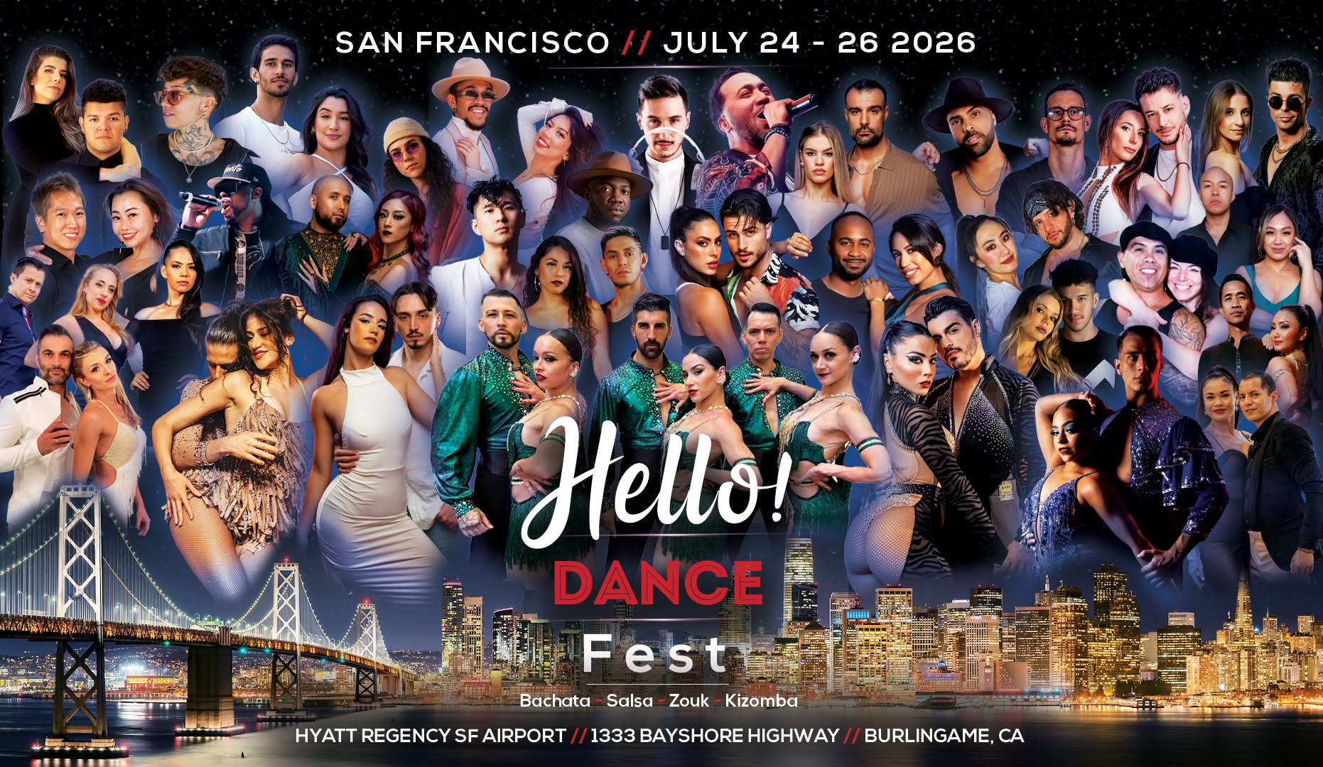 San Francisco's Hello! Bachata Salsa Zouk Kizomba Fest July 24-26, 2026