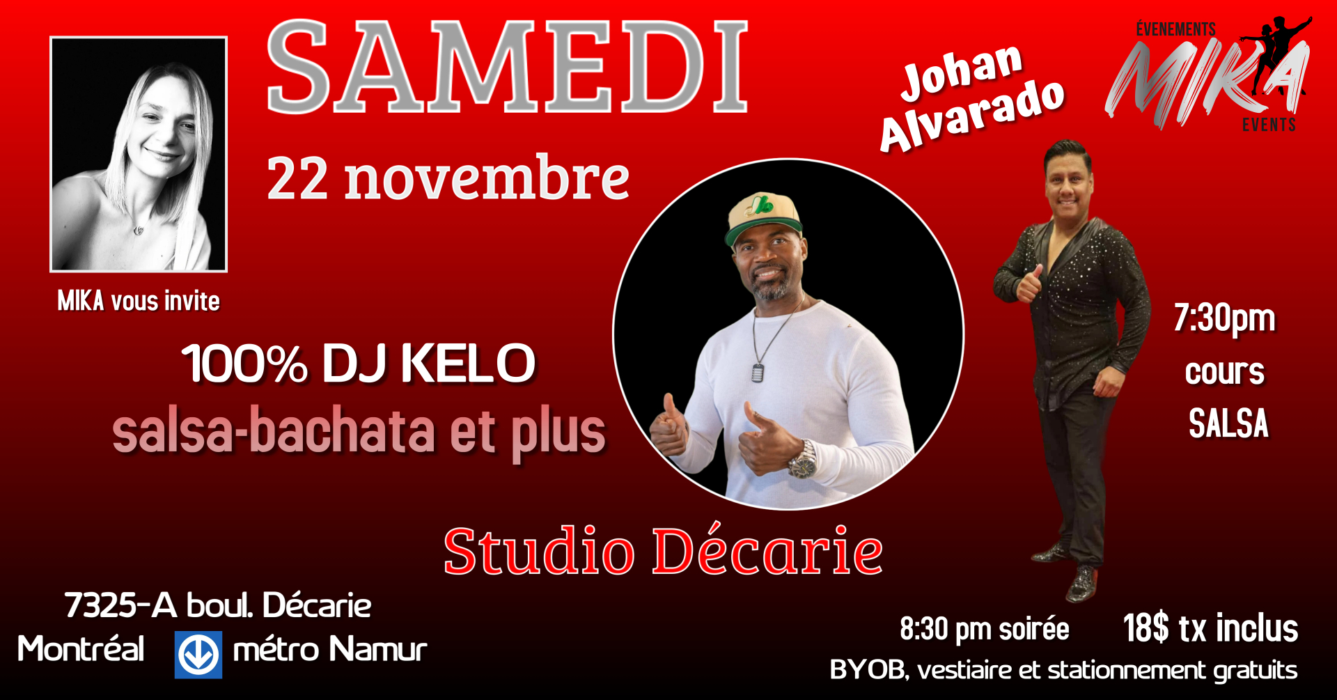 SAMEDI 22 nov. Studio Décarie, DJ KELO - cours salsa Johan