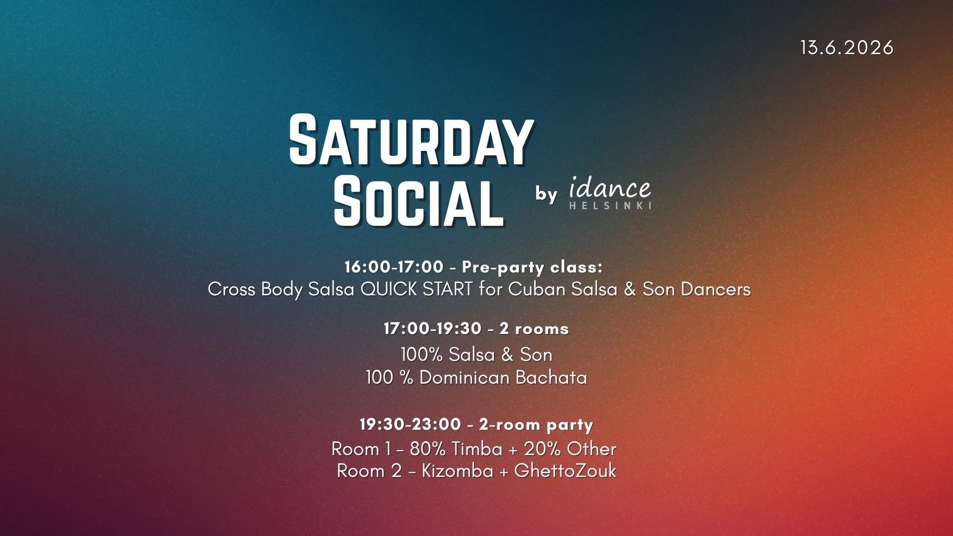 Saturday Social 13.6. Pre-party class: Salsa On2 for Cuban Salsa Dancers