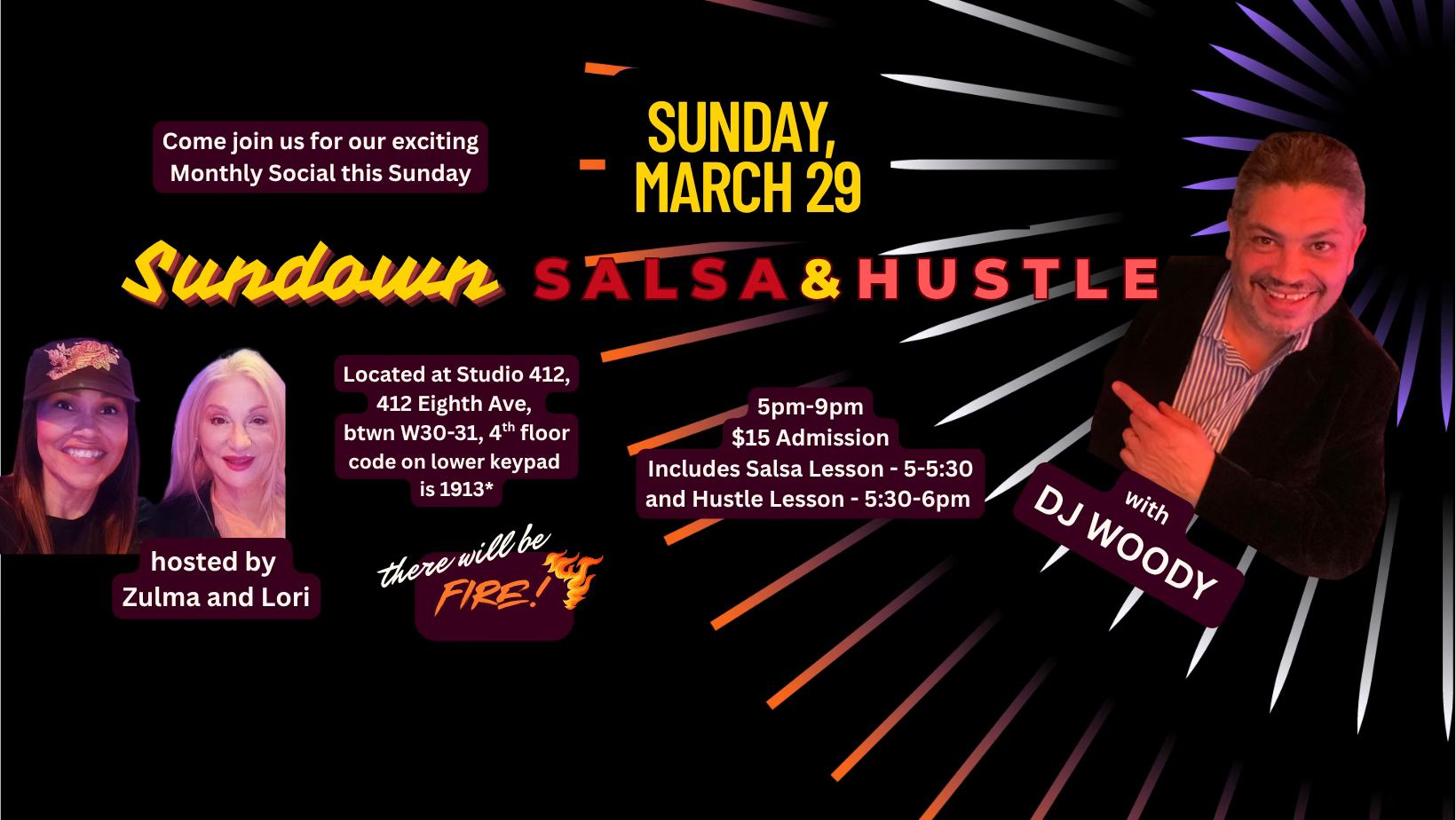 This Sunday-Sundown Salsa & Hustle @ 412 w DJ Woody