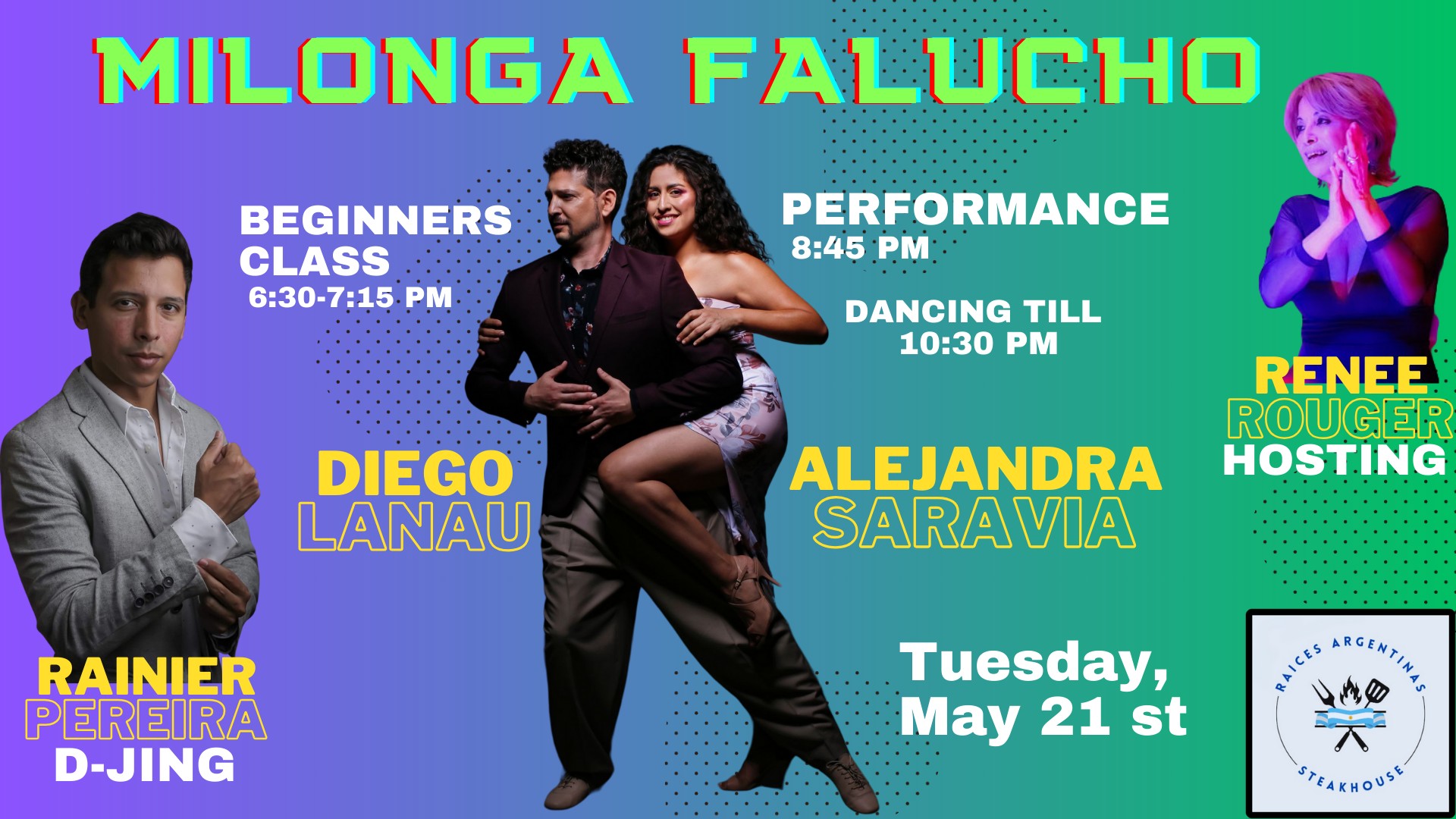 Milonga Falucho @Raices Argentinas-Beginners Class-Performance-authentic argentine food and Music!