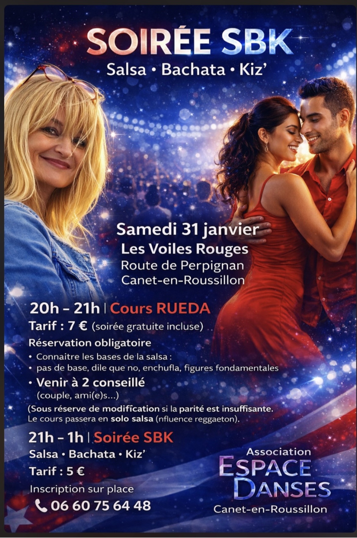 Soirée SBK 21h 1h… des 20h cours SALSA RUEDA. Voiles Rouges CANET EN ROUSSILLON samedi 31 janvier