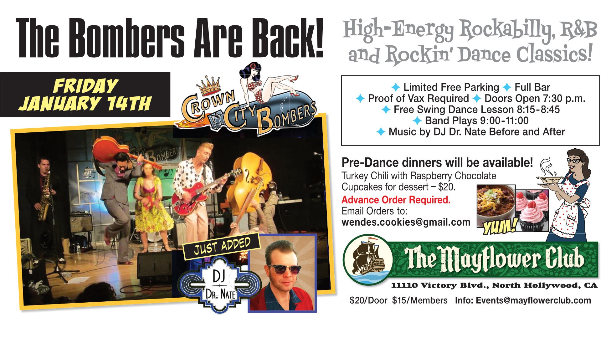 CROWN CITY BOMBERS at THE MAYFLOWER with DJ DR NATE plus FREE SWING DANCE LESSON