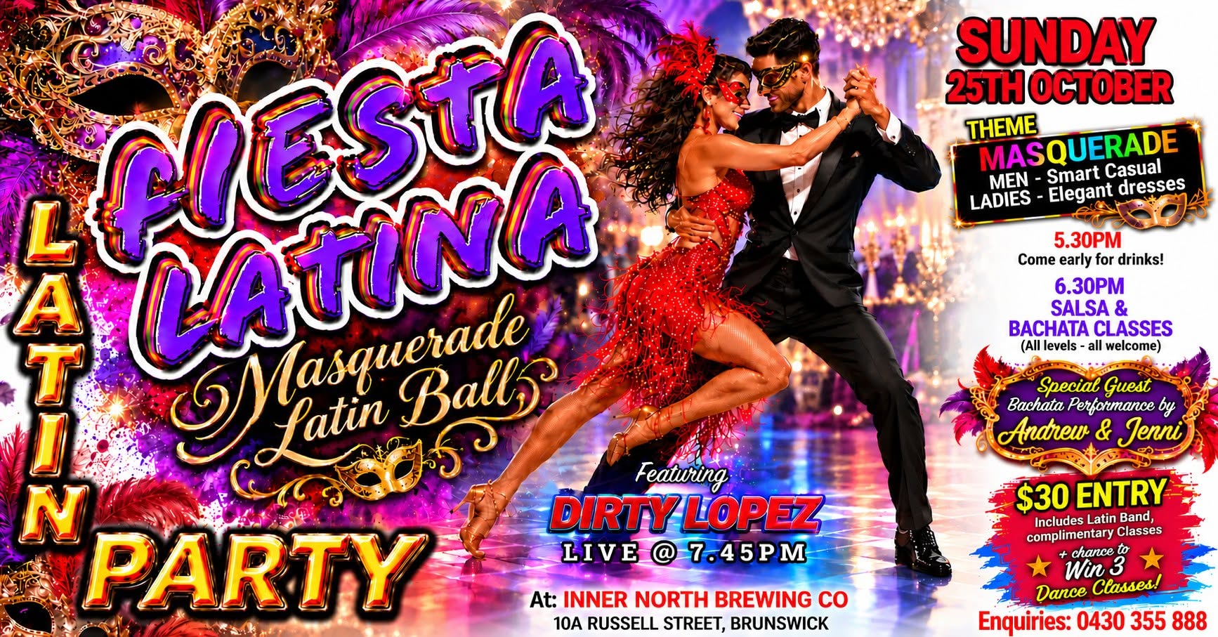 FIESTA LATINA BRUNSWICK 'MASQUERADE LATIN BALL' THEME PARTY with LATIN BAND and 2 CLASSES!🔥