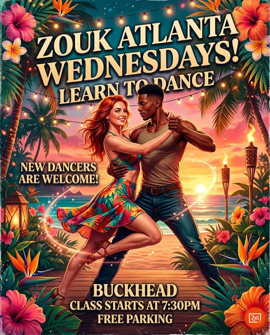 Learn to Dance at Zouk Atlanta! Buckhead Brazilian Zouk Classes & Party Beginner ↗️ Advanced ❤️