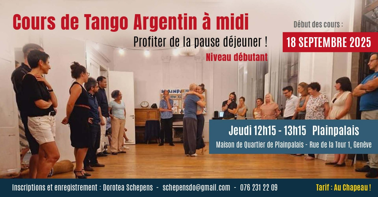 Reprise des cours de tango à midi le jeudi 18 septembre à Plainpalais