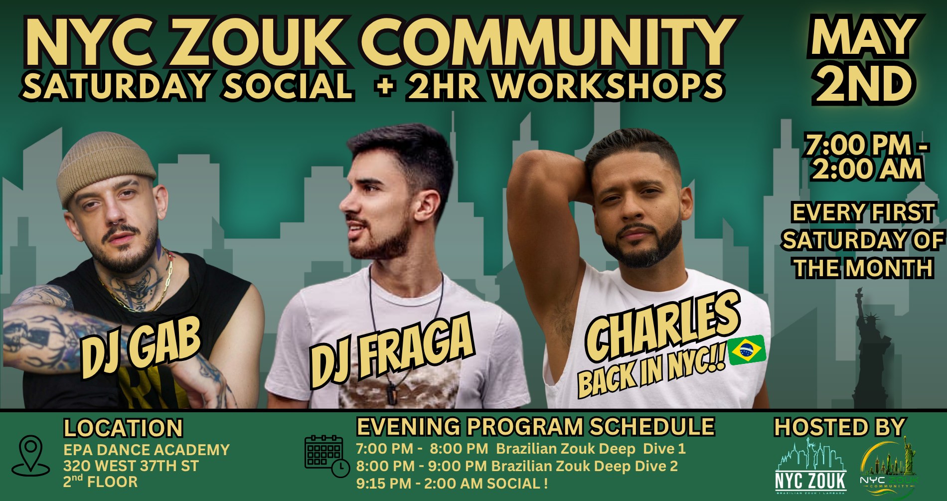 NYC ZOUK SATURDAY 1ST OF THE MONTH SOCIAL w CHARLES ESPINOZA & DJ GAB+ DJ FRAGA - MAY 2ND!!