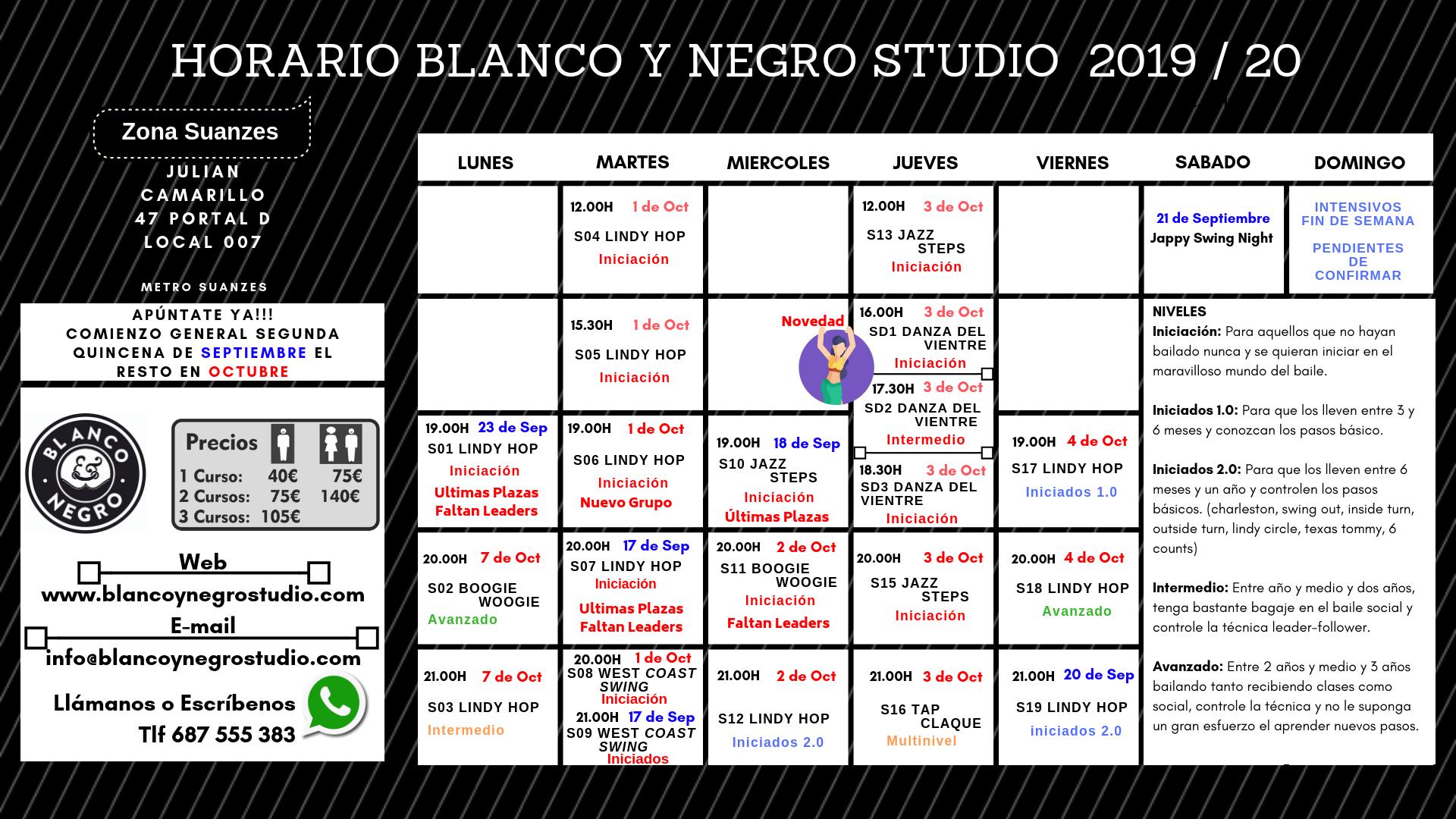 Inscripción Nuevos Horarios de Blanco y Negro Studio