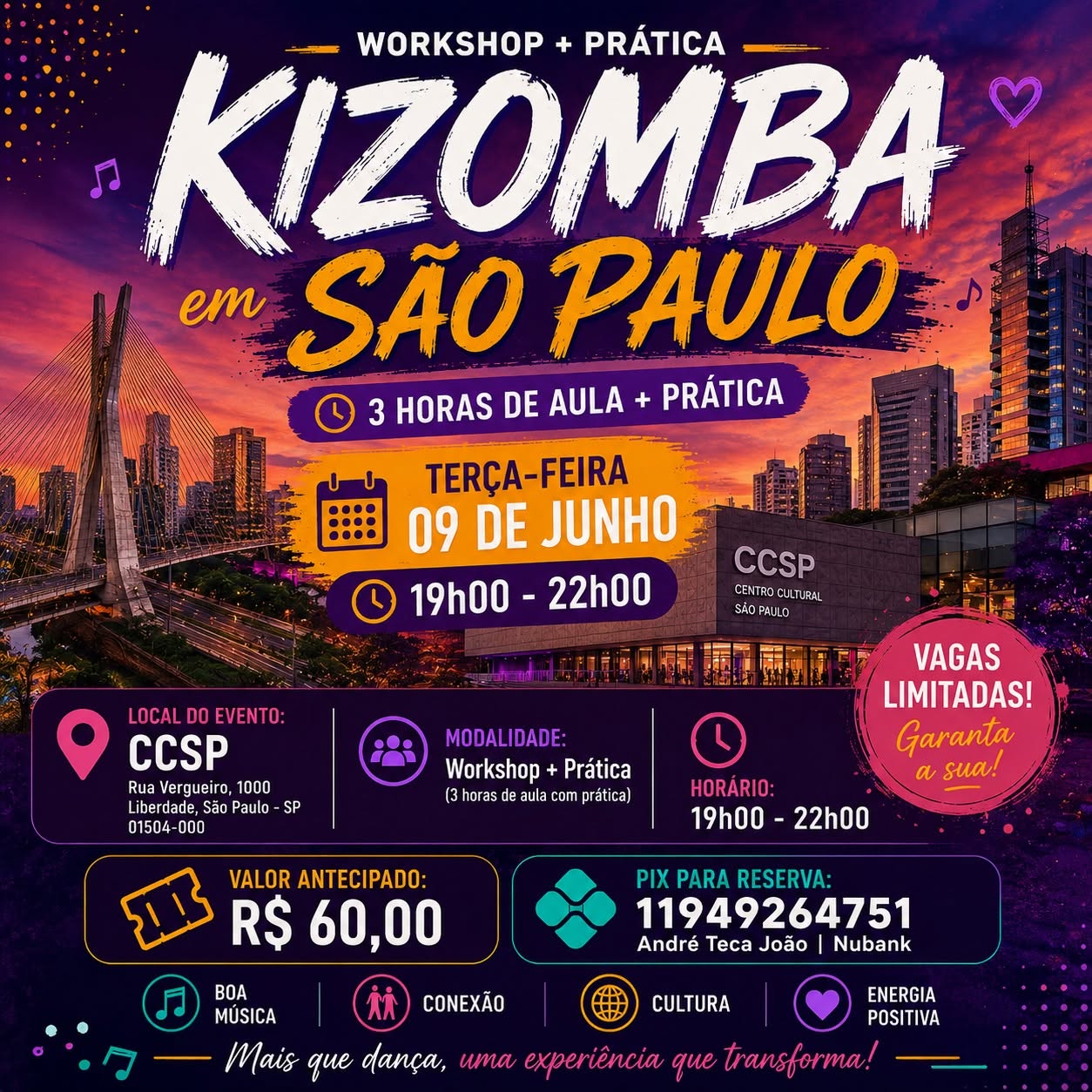 Kizomba em São Paulo Workshop + Prática 09 de Junho