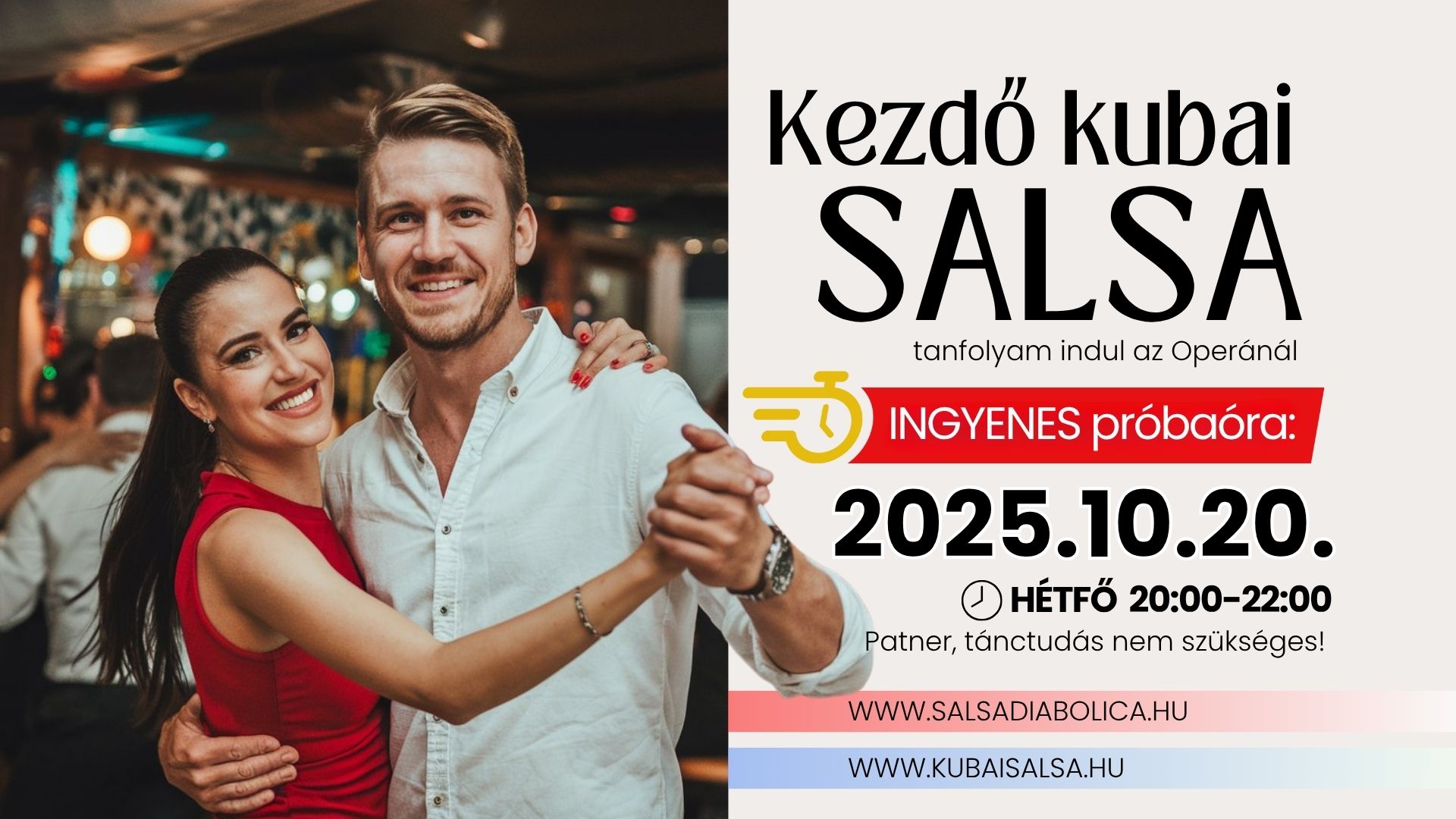 Ingyenes próbaórával teljesen kezdő kubai salsa tanfolyamhoz csatlakozhatsz! (Hétfő 20:00, Operánál)