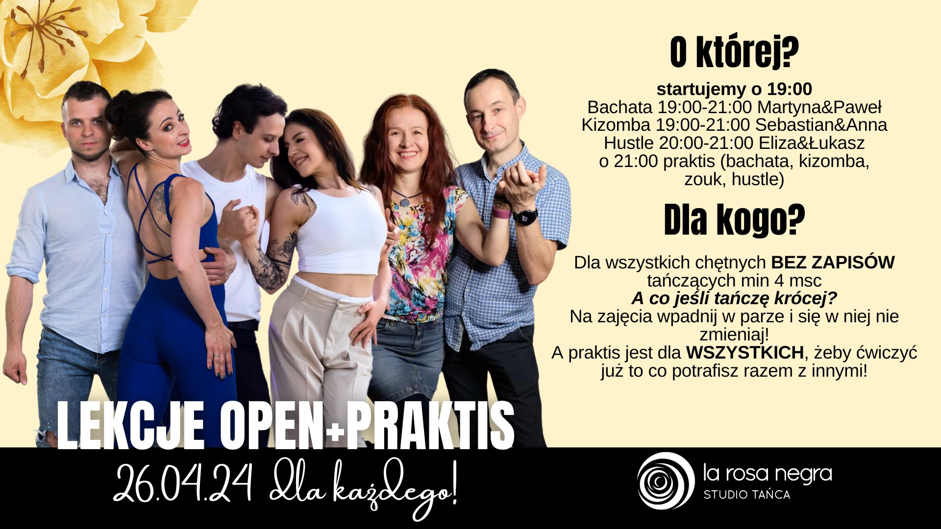 Lekcje open BACHATY, HUSTLE i KIZOMBY + praktis w La Rosa Negra <3