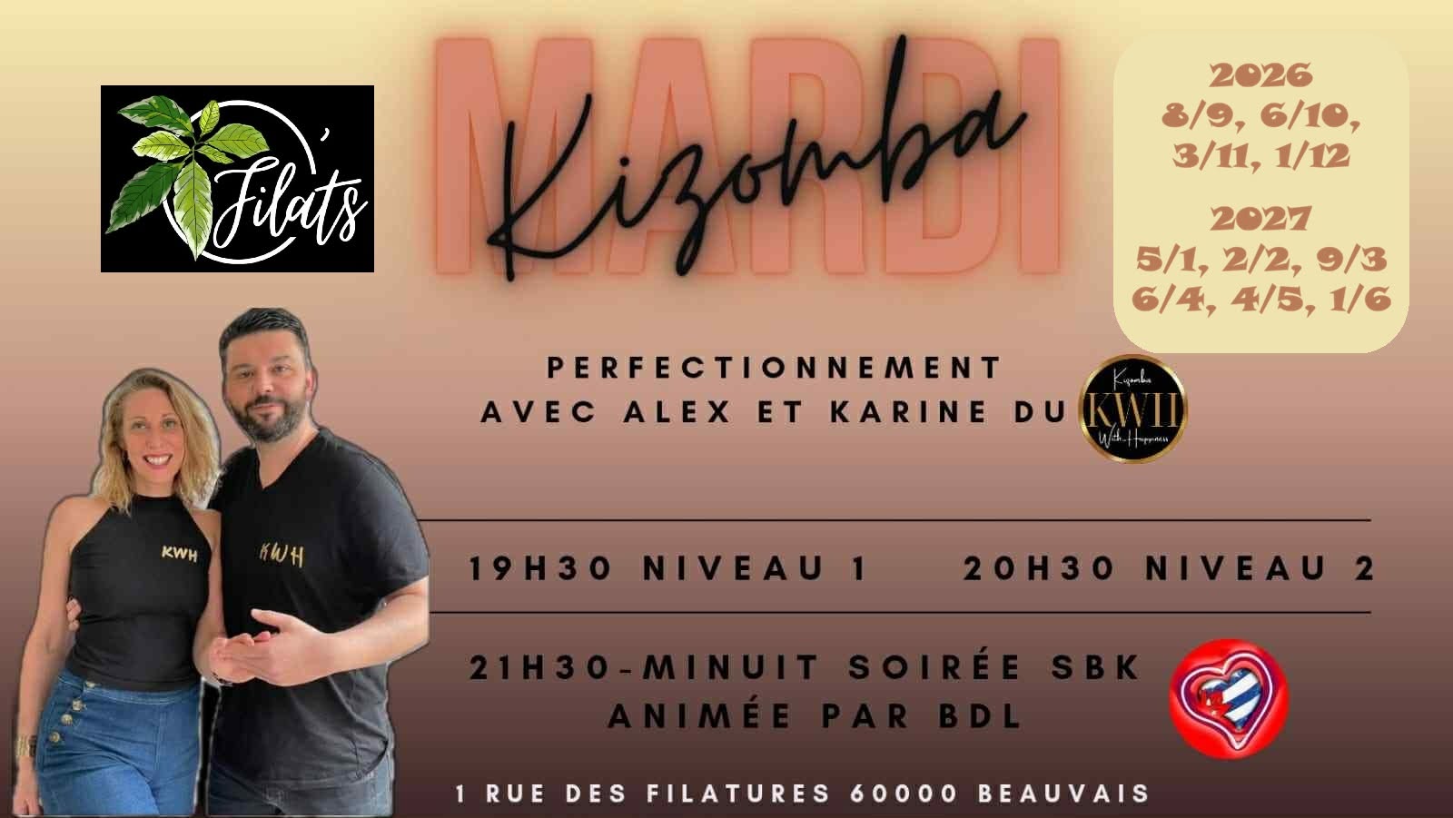 Mardi spéciale Kizomba O'FILATS avec ALEX & KARINE KWH.
