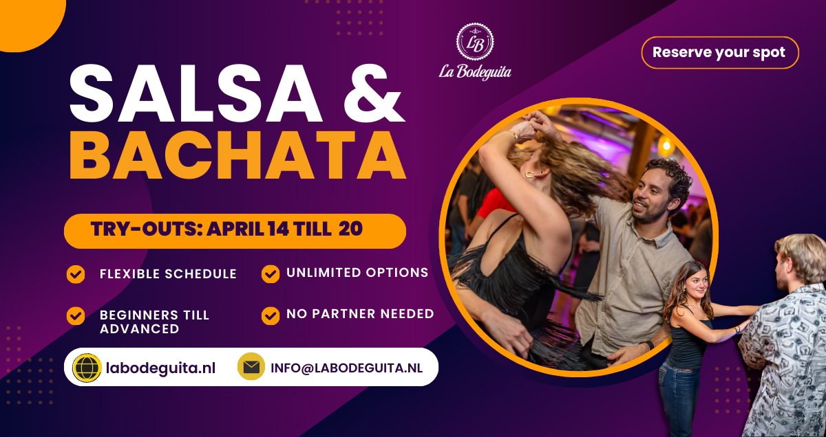 Salsa & Bachata Try-outs Lessons, 14 till 20 of April, 2025 in The Hague Center