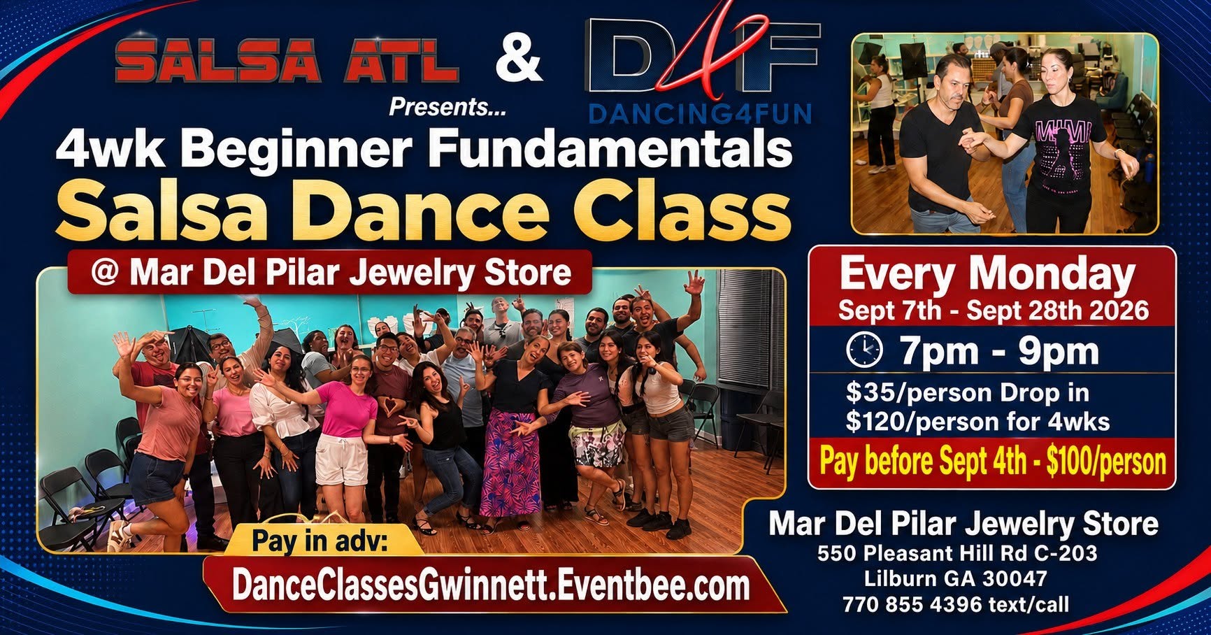4wk Beginner Fundamentals Salsa Dance class Atlanta @ Mar Del Pilar Jewelry Store