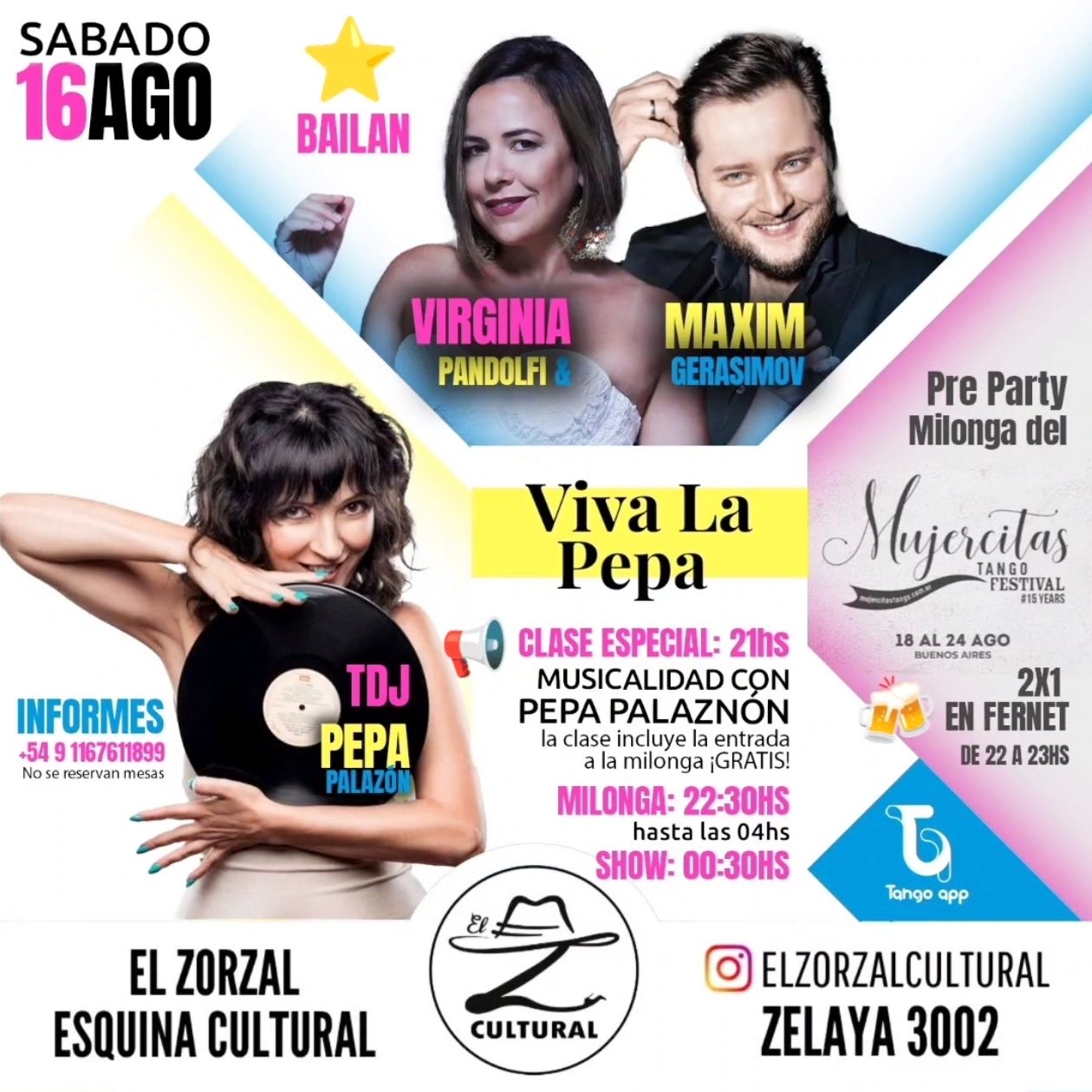 Siii!! SÁBADO 16 8 VIRGINIA PANDOLFI y MAXSIM GERASIMOV en VIVA LA PEPA Milonga!