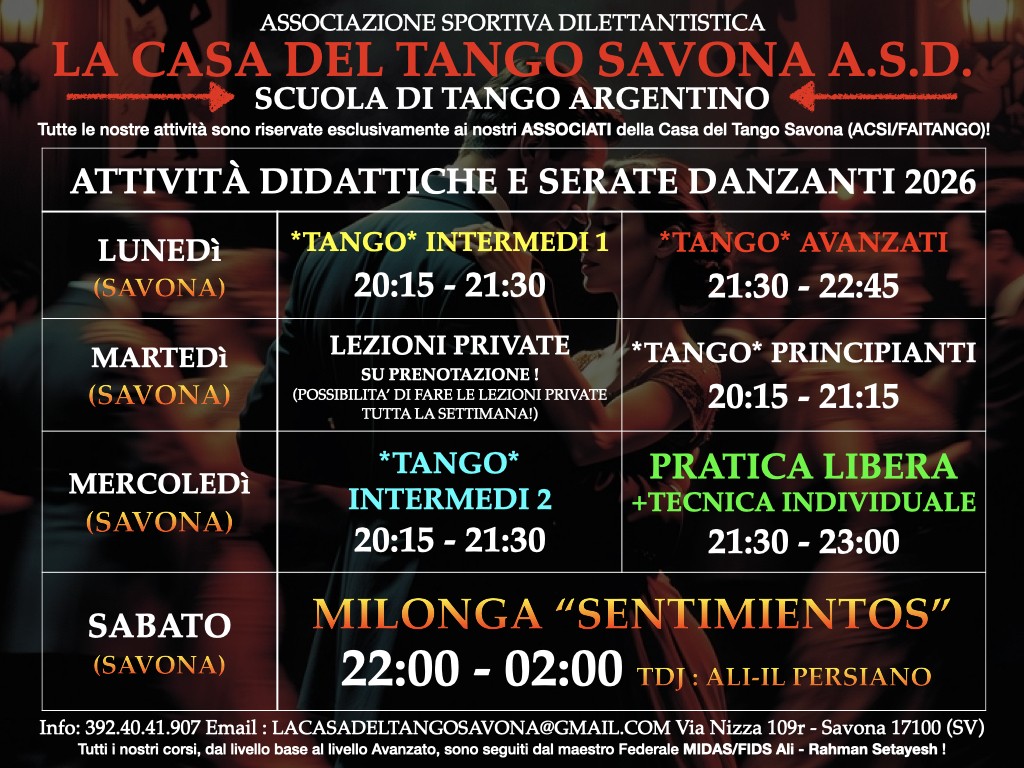 Attività settimana 2026 ASD La Casa del Tango Savona!