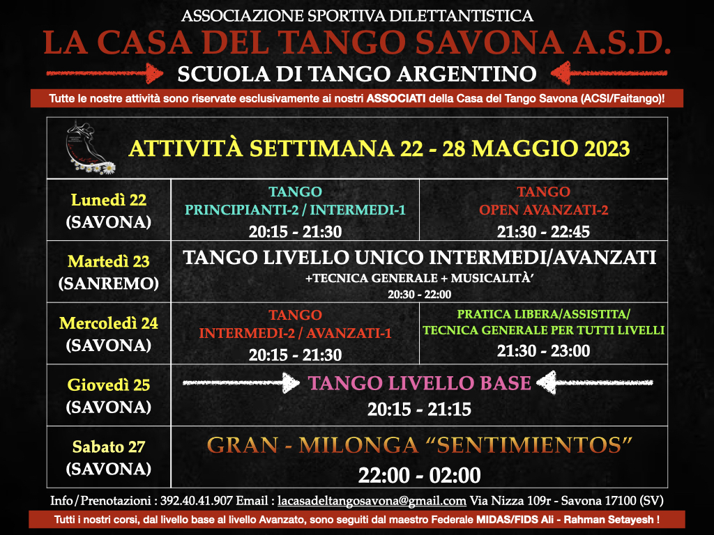 Attività settimana 22-28 Maggio 2023 alla CASA DEL TANGO SAVONA ASD!