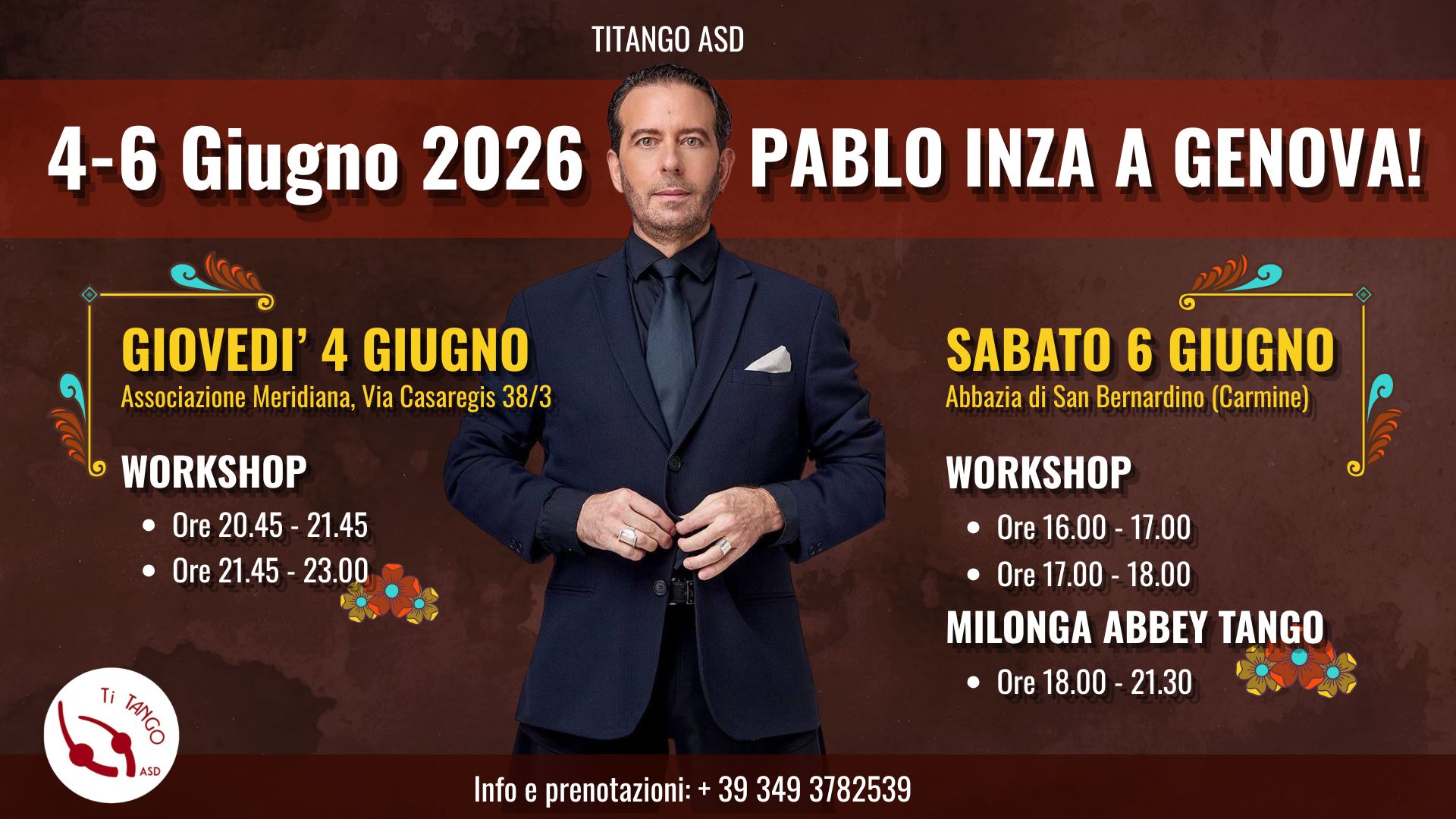 PABLO INZA torna a Genova! 4-6 GIUGNO 2026 - WORKSHOP + MILONGA